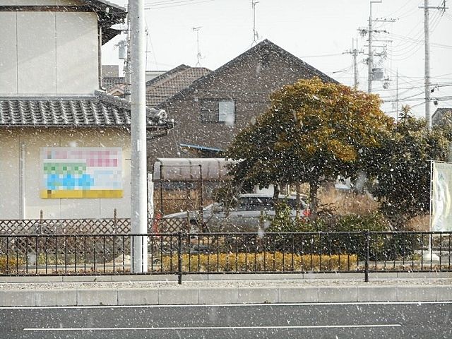 今日が一番寒い日になった加古川市、未来家不動産の前の道に降る雪