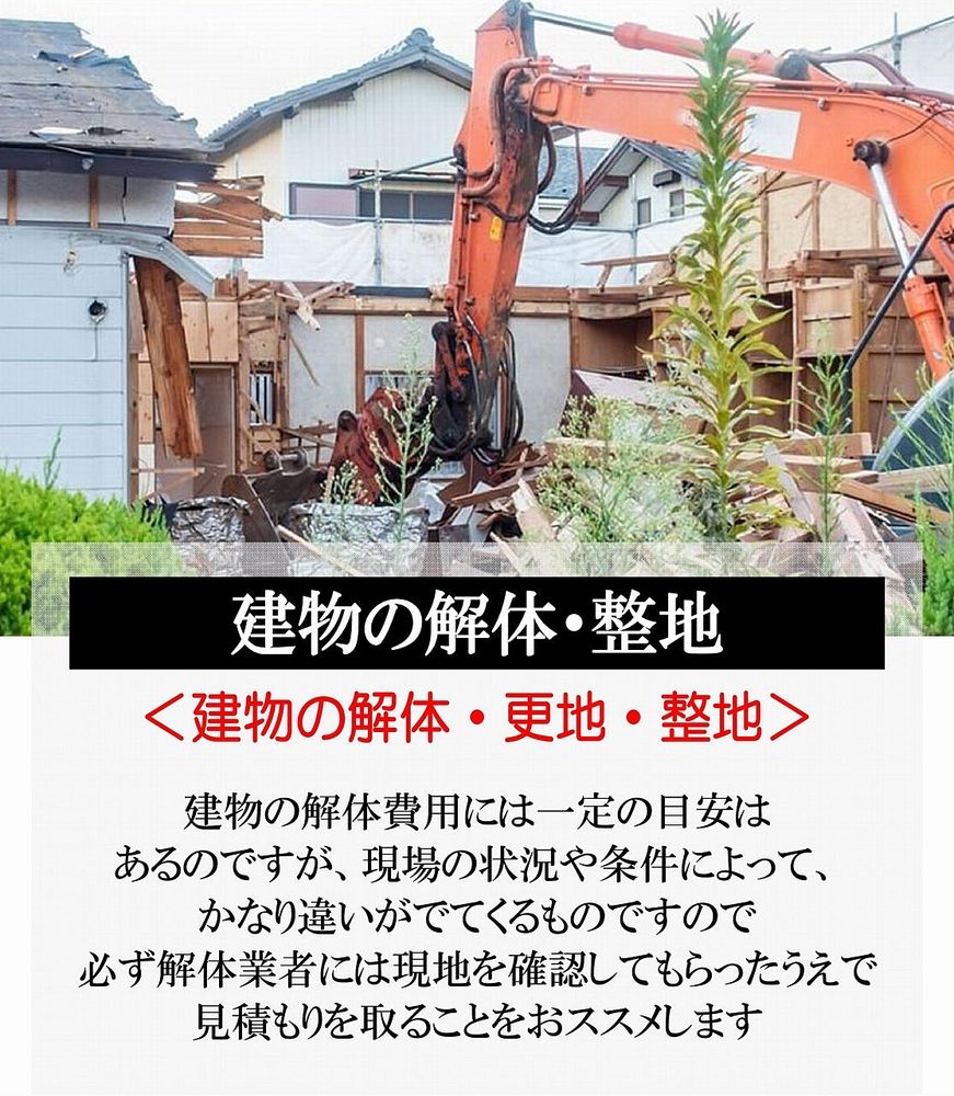 解体費用には一定の目安があるのですが、現場の状況や条件によってかなり違いが出てきます。必ず解体業者に現地を確認してもらい見積もりを取ることをおススメします。